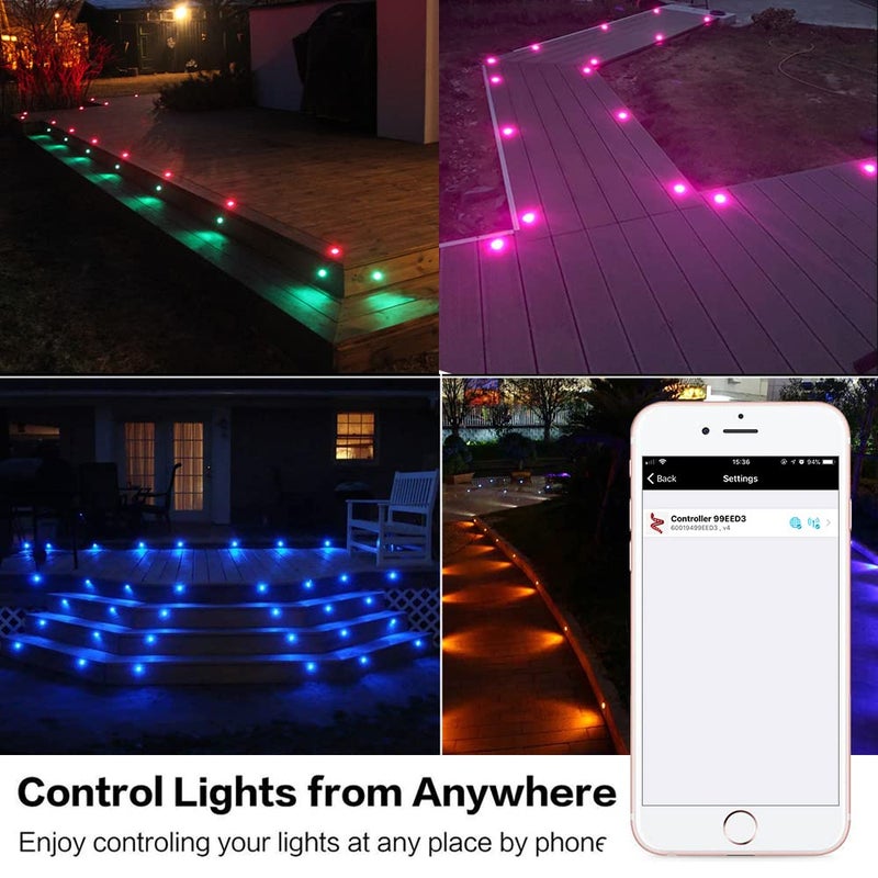Sumaote LED Deck Light Kit, 20pcs Î¦1.77 WiFi Wireless Smart Phone Control Low Voltage Recessed RGBW Deck Lights with Remote, Voice Control, IP67 Waterproof Outdoor Path Stair Landscape Lighting, Black - Image 5
